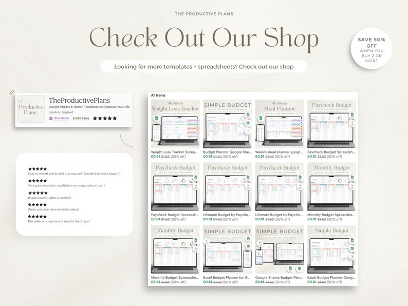 K&ouml;nnte beinhalten: Ein Screenshot einer Etsy-Shop-Seite f&uuml;r TheProductivePlans, die eine Vielzahl von herunterladbaren Google Sheets- und Notion-Vorlagen zur Organisation deines Lebens zeigt. Die Vorlagen umfassen einen Gewichtsverlust-Tracker, einen Essensplaner, einen Budgetplaner und ein Gehaltsbudget. Der Shop bietet einen Rabatt von 50% beim Kauf von zwei oder mehr Artikeln.