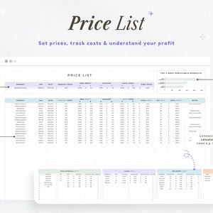 May include: A digital price list template with the title "Price List". The template includes sections for setting prices, tracking costs, and understanding profit. The text "Set prices, track costs & understand your profit" is displayed. Charts update automatically to align with inputs.
