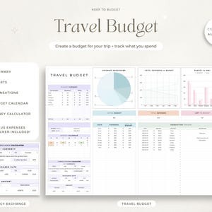 May include: A printable travel budget planner with sections for summary, charts, transactions, budget calendar, money calculator, and currency exchange. The planner includes a pie chart, line graph, and bar graph to track expenses.