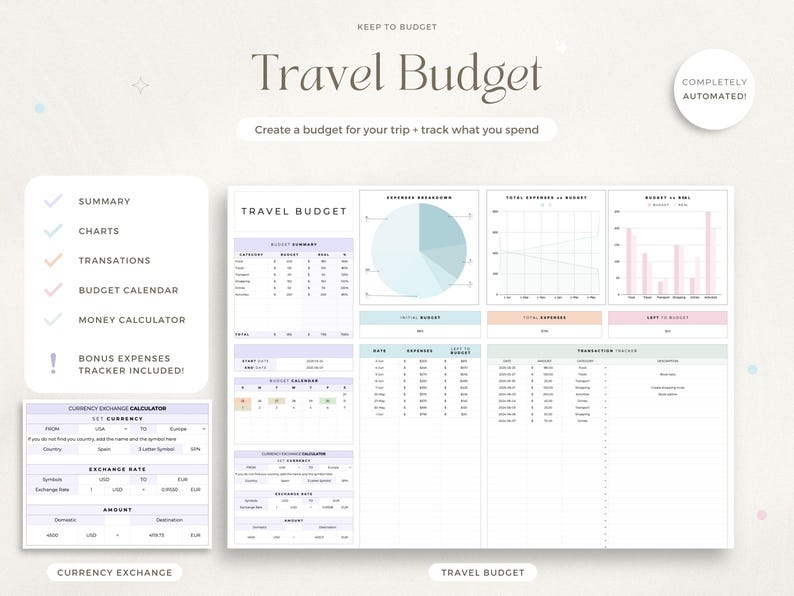 May include: A printable travel budget planner with sections for summary, charts, transactions, budget calendar, money calculator, and currency exchange. The planner includes a pie chart, line graph, and bar graph to track expenses.