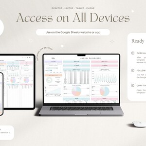 May include: A Google Sheets template for an annual dashboard. The template is shown on a laptop, tablet, and phone. The template is designed to help you track your finances and goals. The template is available for purchase and download.