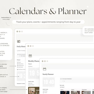 May include: A digital planner interface with the title "Calendars & Planner". It features daily, weekly, monthly, and yearly calendars, all linked and synced. Includes a planner dashboard and widgets for weather, clocks, and music.