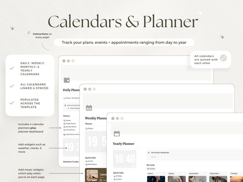 May include: A digital planner interface with the title "Calendars & Planner". It features daily, weekly, monthly, and yearly calendars, all linked and synced. Includes a planner dashboard and widgets for weather, clocks, and music.