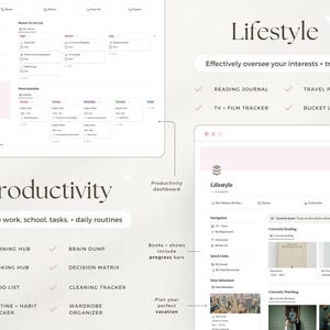 May include: Digital productivity and lifestyle dashboard with sections for managing work, school, and daily routines. Features include a learning hub, to-do list, reading journal, and travel planner. The design is clean with a soft pink and white color scheme.