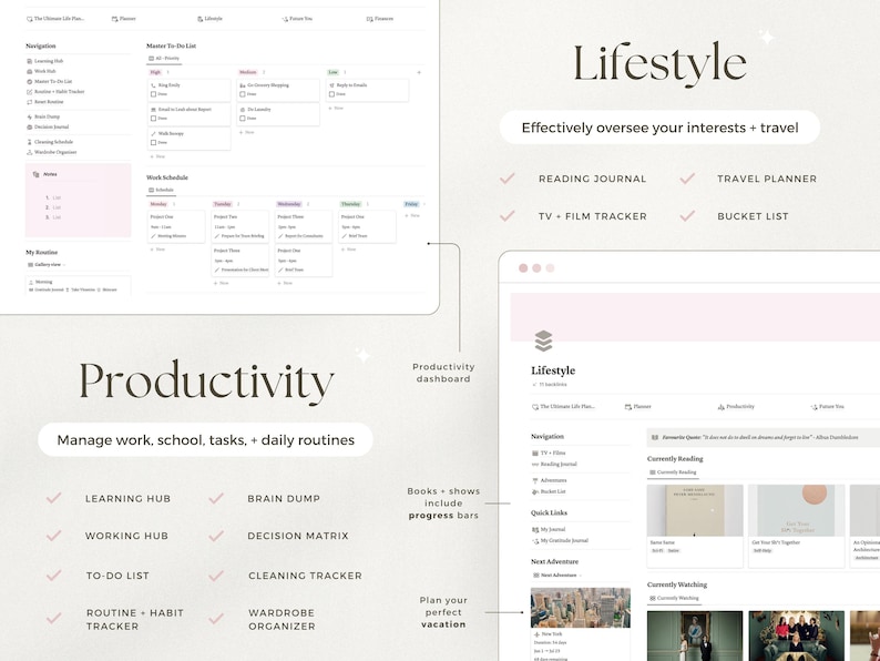 May include: Digital productivity and lifestyle dashboard with sections for managing work, school, and daily routines. Features include a learning hub, to-do list, reading journal, and travel planner. The design is clean with a soft pink and white color scheme.