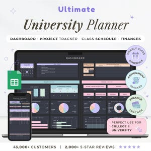 Pode incluir: Um planejador universitário digital exibido em um laptop e smartphone. O planejador inclui um painel, rastreador de projetos, cronograma de aulas e rastreador financeiro. A imagem também inclui o texto "Ultimate University Planner".