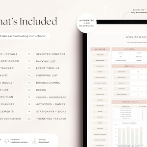 Puede incluir: Una plantilla de panel digital para la planificaci&oacute;n de eventos que incluye una lista de 20 pesta&ntilde;as como Set-Up + Details, Task Tracker, Guest List y Budget. La interfaz muestra un panel principal con secciones para detalles del evento y listas.