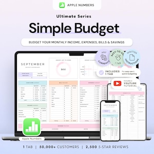 以下が含まれることがあります： Apple Numbers用のデジタル予算スプレッドシートテンプレート「Simple Budget Ultimate Series」。ノートパソコン、タブレット、スマートフォンの画面に、月々の収入、支出、請求書、貯蓄のトラッカーがパステルカラーのアクセントと共に表示されています。