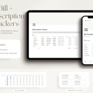 May include: A digital illustration of a phone and tablet screen displaying a bill and subscription tracker app. The app allows users to manage their monthly bills and subscriptions in one place. The app includes a bill tracker and a subscription tracker. The app also allows users to sort subscriptions into categories and view monthly and annual costs.