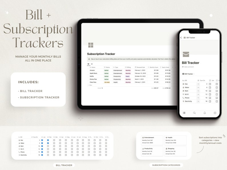 May include: A digital illustration of a phone and tablet screen displaying a bill and subscription tracker app. The app allows users to manage their monthly bills and subscriptions in one place. The app includes a bill tracker and a subscription tracker. The app also allows users to sort subscriptions into categories and view monthly and annual costs.