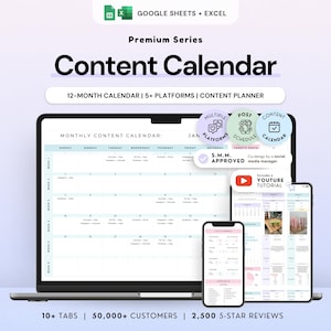 Op de afbeelding: Een digitale contentkalender-sjabloon voor Google Sheets en Excel, weergegeven op een laptop, tablet en smartphone. De interface bevat een maandoverzicht, 12-maandenplanning en 5+ platforms. Tekst: Premium Series, Content Calendar, S.M.M. APPROVED.