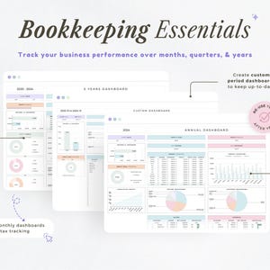 Op de afbeelding: Digitale grafiek met boekhoudkundige benodigdheden met de tekst "Bookkeeping Essentials". De afbeelding toont verschillende dashboards voor het volgen van bedrijfsprestaties over maanden, kwartalen en jaren.
