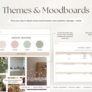 May include: A digital planning interface titled Themes & Moodboards featuring a mood board with four color circles, event photos, and a theme ideas spreadsheet. Navigation tabs include Shopping List, Brainstorming, Decor, Colors, Moodboard, Activities, Games, Stationary, and Signage.