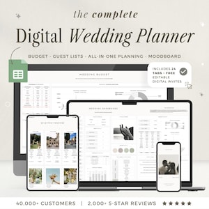 May include: Digital wedding planner displayed on a computer, tablet, and phone. The screens show budget, guest lists, and planning tools. The text reads "the complete Digital Wedding Planner" and includes "24 tabs + free editable digital invites."