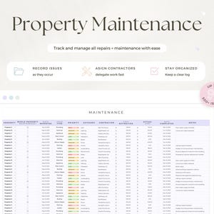 May include: A digital property maintenance planner titled "Property Maintenance". It features sections for recording issues, assigning contractors, and staying organised. The image also includes the text "Track and manage all repairs + maintenance with ease".
