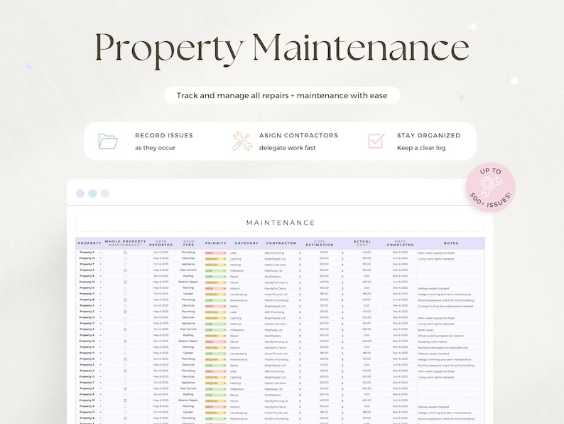 May include: A digital property maintenance planner titled "Property Maintenance". It features sections for recording issues, assigning contractors, and staying organised. The image also includes the text "Track and manage all repairs + maintenance with ease".