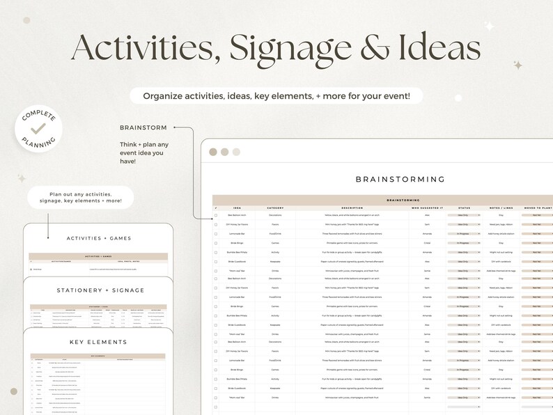 May include: A digital event planning template featuring a main brainstorming spreadsheet and smaller side panels labeled Activities + Games, Stationery + Signage, and Key Elements. The text includes Activities, Signage & Ideas, Brainstorming, and Organize activities, ideas, key elements, + more for your event!