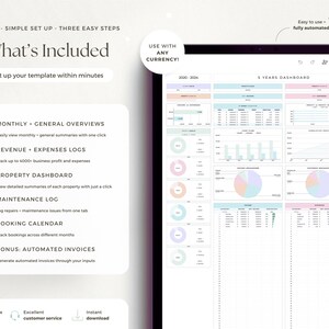 May include: A digital tablet showing a financial dashboard template. The screen displays charts, graphs, and data tables with pastel colours. Text includes "What's Included" and "5 YEARS DASHBOARD". The template is designed for easy setup and use.