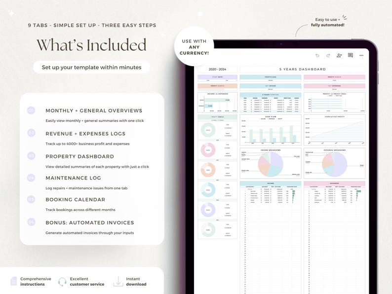 May include: A digital tablet showing a financial dashboard template. The screen displays charts, graphs, and data tables with pastel colours. Text includes "What's Included" and "5 YEARS DASHBOARD". The template is designed for easy setup and use.