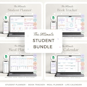 Può includere: Un pacchetto di prodotti digitali per studenti, che include quattro modelli di fogli di calcolo di Google: un planner per studenti, un tracker per libri, un planner per i pasti e un calendario. Ogni modello è mostrato sullo schermo di un laptop e di uno smartphone, con uno schema di colori pastello.