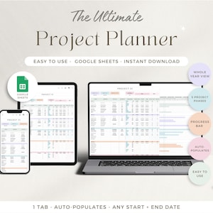 May include: A digital project planner template for Google Sheets. The template features a whole year view, 5 project phases, a progress bar, and auto-populates. The template is easy to use and includes a tab for each project.