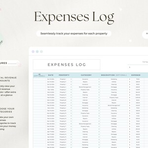 May include: A digital expenses log with the title "Expenses Log" in a soft, elegant font. The log includes sections for date, property, category, description, and expense amounts. Features include total revenue amounts and the ability to choose categories.