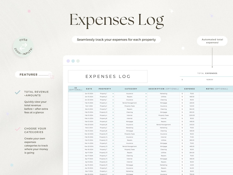 May include: A digital expenses log with the title "Expenses Log" in a soft, elegant font. The log includes sections for date, property, category, description, and expense amounts. Features include total revenue amounts and the ability to choose categories.