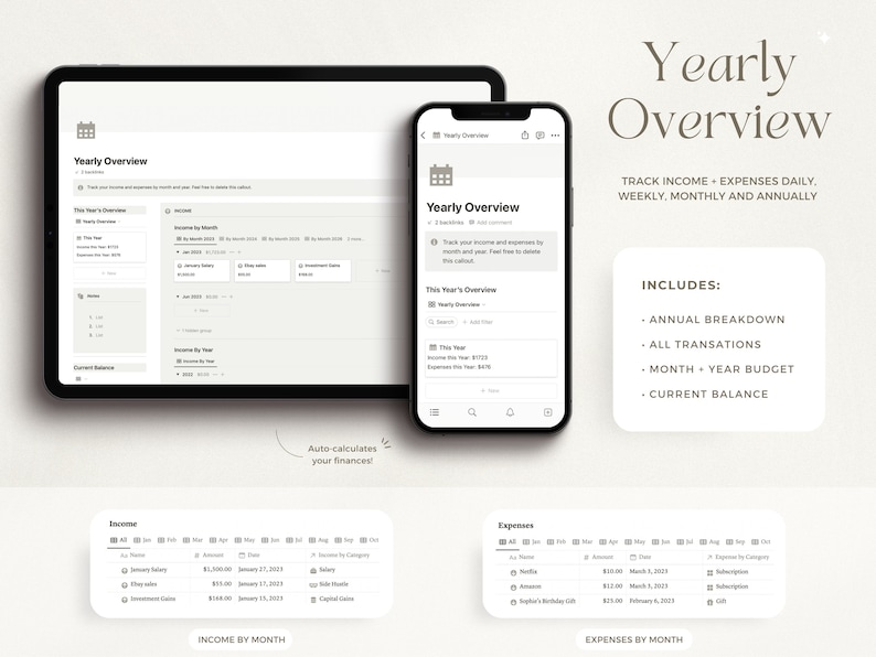 May include: A screenshot of a mobile app interface for tracking income and expenses. The app features a clean, modern design with a white background and black text. The app includes a yearly overview, income by month, and expenses by month. The app also includes a feature to auto-calculate finances.