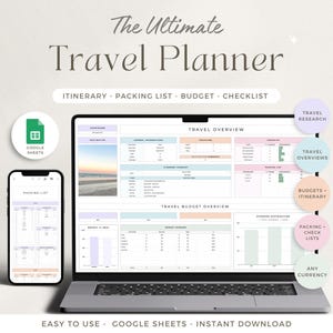 Planificateur de voyage Feuilles Google Itinéraire de voyage Feuille de calcul numérique de budget de voyage Planificateur de voyage sur la route Vacances Organisateur de vacances Liste de colisage