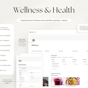 May include: A digital wellness and health planner interface with the title "Wellness & Health". The interface includes sections for workout planning, fitness tracking, meal planning, and grocery lists. The text "Organize your fitness and nutrition quickly + easily!" is also visible.
