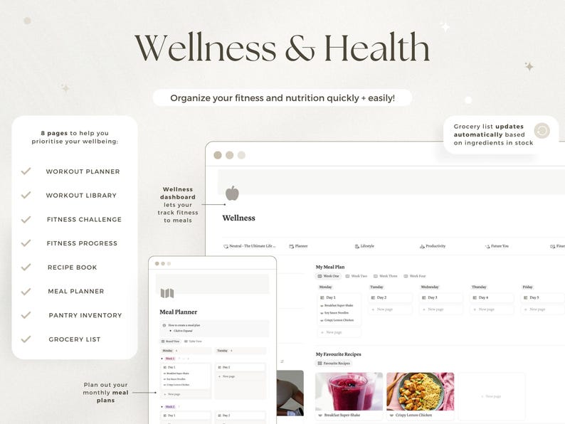 May include: A digital wellness and health planner interface with the title "Wellness & Health". The interface includes sections for workout planning, fitness tracking, meal planning, and grocery lists. The text "Organize your fitness and nutrition quickly + easily!" is also visible.