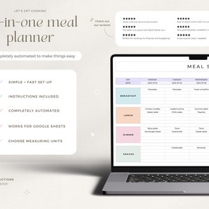 Puede incluir: Un ordenador port&aacute;til que muestra una plantilla de planificador de comidas en la pantalla. La plantilla se titula "Plan de comidas" e incluye columnas para cada d&iacute;a de la semana, con filas para el desayuno, el almuerzo, la cena y los refrigerios. La plantilla est&aacute; dise&ntilde;ada para ayudar a los usuarios a planificar sus comidas para la semana.