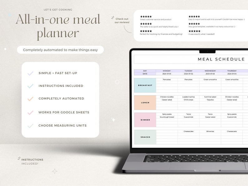 Puede incluir: Un ordenador port&aacute;til que muestra una plantilla de planificador de comidas en la pantalla. La plantilla se titula "Plan de comidas" e incluye columnas para cada d&iacute;a de la semana, con filas para el desayuno, el almuerzo, la cena y los refrigerios. La plantilla est&aacute; dise&ntilde;ada para ayudar a los usuarios a planificar sus comidas para la semana.