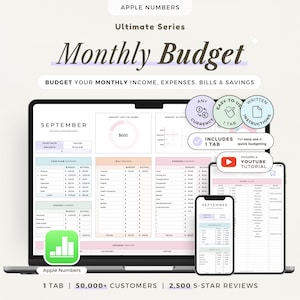 Monthly Budget Spreadsheet Apple Numbers Template for Mac iPad iPhone Budget Planner Bill Tracker Income Expense Personal Finance Dashboard