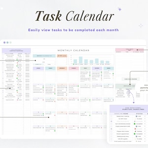 May include: A digital task calendar with a clean, minimalist design. The calendar features a monthly view with sections for deadlines and tasks. The text "Task Calendar" is at the top, with instructions below. Additional features include adding deadlines and viewing recurring tasks.