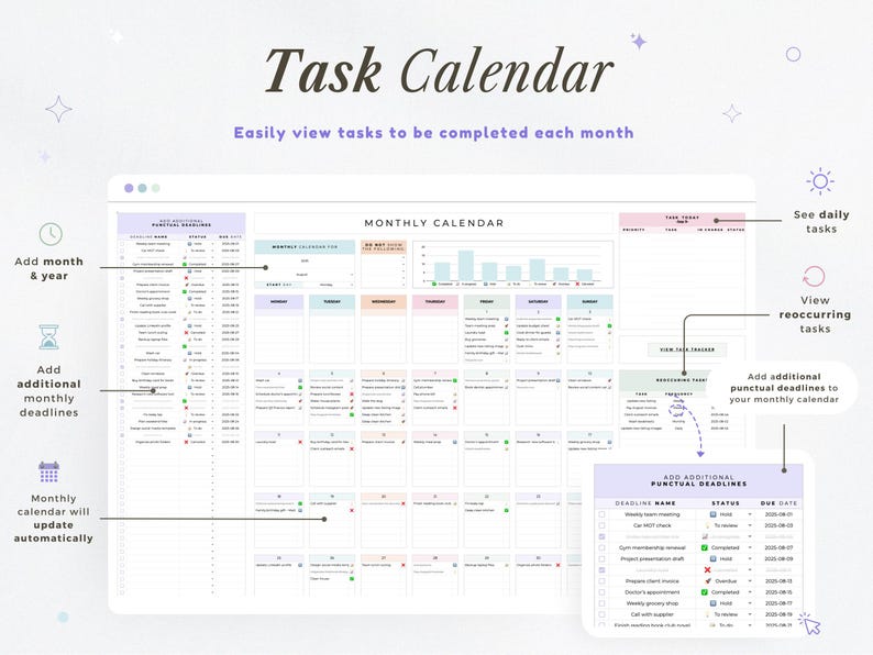 May include: A digital task calendar with a clean, minimalist design. The calendar features a monthly view with sections for deadlines and tasks. The text "Task Calendar" is at the top, with instructions below. Additional features include adding deadlines and viewing recurring tasks.