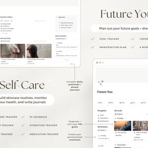 May include: Digital self-care planner with the text "Self-Care" and "Future You." Features include skincare, dream, and hydration trackers, plus goal setting and vision board options. The planner helps users build routines and monitor health.