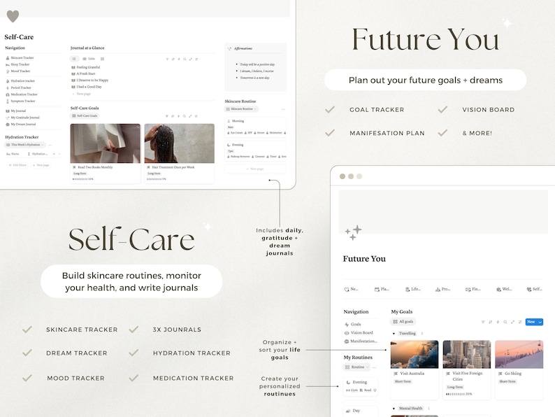 May include: Digital self-care planner with the text "Self-Care" and "Future You." Features include skincare, dream, and hydration trackers, plus goal setting and vision board options. The planner helps users build routines and monitor health.