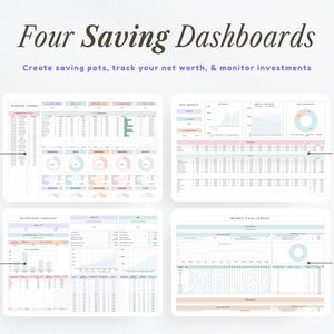 May include: Four Saving Dashboards graphic with text: Create saving pots, track your net worth, & monitor investments. The image shows four dashboards with charts and tables. Features include sinking funds, net worth, investment forecasts, and money challenges.
