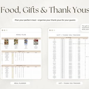 May include: A digital planner template titled Food, Gifts & Thank Yous featuring two sections: a Menu Plan with columns for starters, mains, beverages, and desserts, and a Gift + Thank You Tracker for managing guest lists and correspondence.
