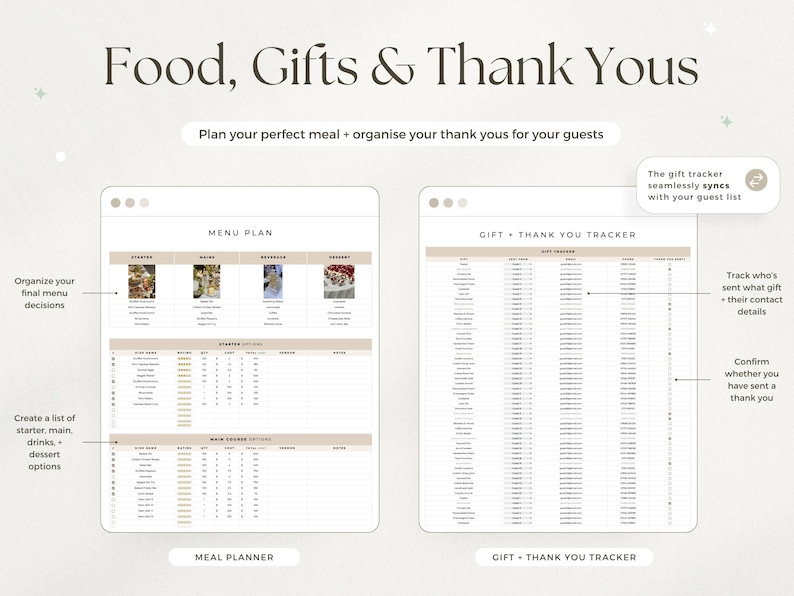 May include: A digital planner template titled Food, Gifts & Thank Yous featuring two sections: a Menu Plan with columns for starters, mains, beverages, and desserts, and a Gift + Thank You Tracker for managing guest lists and correspondence.