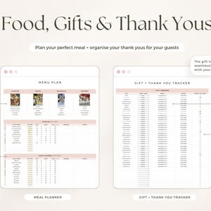 Puede incluir: Una plantilla de planificador digital titulada Food, Gifts & Thank Yous con dos secciones: un Menu Plan con columnas para entrantes, platos principales, bebidas y compras, y un Gift + Thank You Tracker para invitados y regalos.