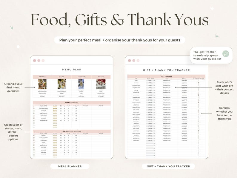 Puede incluir: Una plantilla de planificador digital titulada Food, Gifts & Thank Yous con dos secciones: un Menu Plan con columnas para entrantes, platos principales, bebidas y compras, y un Gift + Thank You Tracker para invitados y regalos.