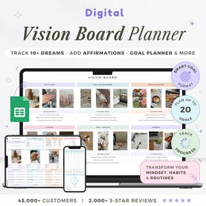 Może przedstawiać: Cyfrowy planer Vision Board wyświetlany na laptopie, tablecie i telefonie. Planer zawiera sekcje dotyczące marzeń, afirmacji i planowania celów. Tekst zawiera "Track 10+ Dreams" i "Plan Up To 20 Goals".