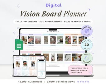 Puede incluir: Planificador digital de Vision Board que se muestra en una computadora portátil, tableta y teléfono. El planificador incluye secciones para sueños, afirmaciones y planificación de objetivos. El texto incluye "Track 10+ Dreams".
