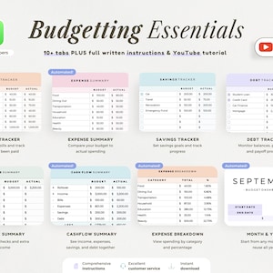 May include: A digital budgeting spreadsheet template for Apple Numbers titled Budgeting Essentials. It features multiple color-coded trackers for bills, expenses, savings, debt, income, and cash flow, including a September dashboard and tutorial links.