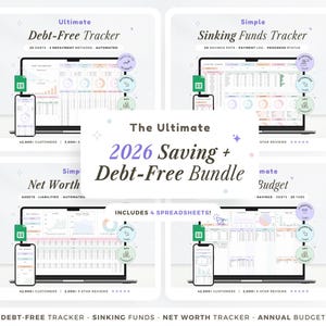 Pu&ograve; includere: Un pacchetto di prodotti digitali con quattro fogli di calcolo: Debt-Free Tracker, Sinking Funds Tracker, Net Worth Tracker e Budget annuale. Ogni foglio di calcolo &egrave; visualizzato su un laptop e uno smartphone. Il titolo recita "The Ultimate 2026 Saving + Debt-Free Bundle."