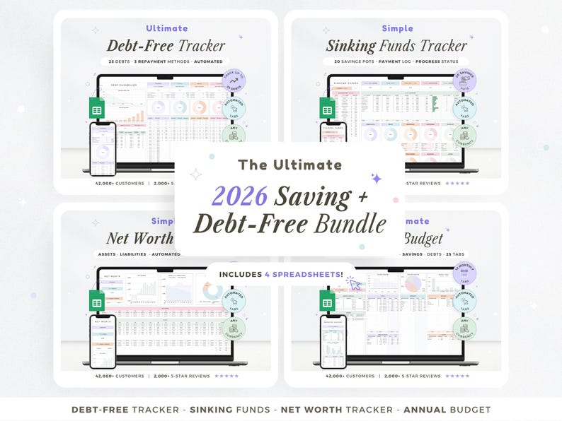 Pu&ograve; includere: Un pacchetto di prodotti digitali con quattro fogli di calcolo: Debt-Free Tracker, Sinking Funds Tracker, Net Worth Tracker e Budget annuale. Ogni foglio di calcolo &egrave; visualizzato su un laptop e uno smartphone. Il titolo recita "The Ultimate 2026 Saving + Debt-Free Bundle."