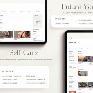 May include: Two digital tablet screen mockups showing a self-care and future planning app. The self-care app includes sections for skincare, sleep, mood, hydration, and medication tracking. The future planning app includes sections for goal tracking, vision boards, and manifestation journaling.