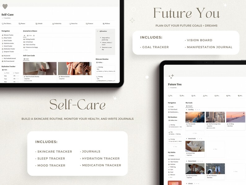 May include: Two digital tablet screen mockups showing a self-care and future planning app. The self-care app includes sections for skincare, sleep, mood, hydration, and medication tracking. The future planning app includes sections for goal tracking, vision boards, and manifestation journaling.